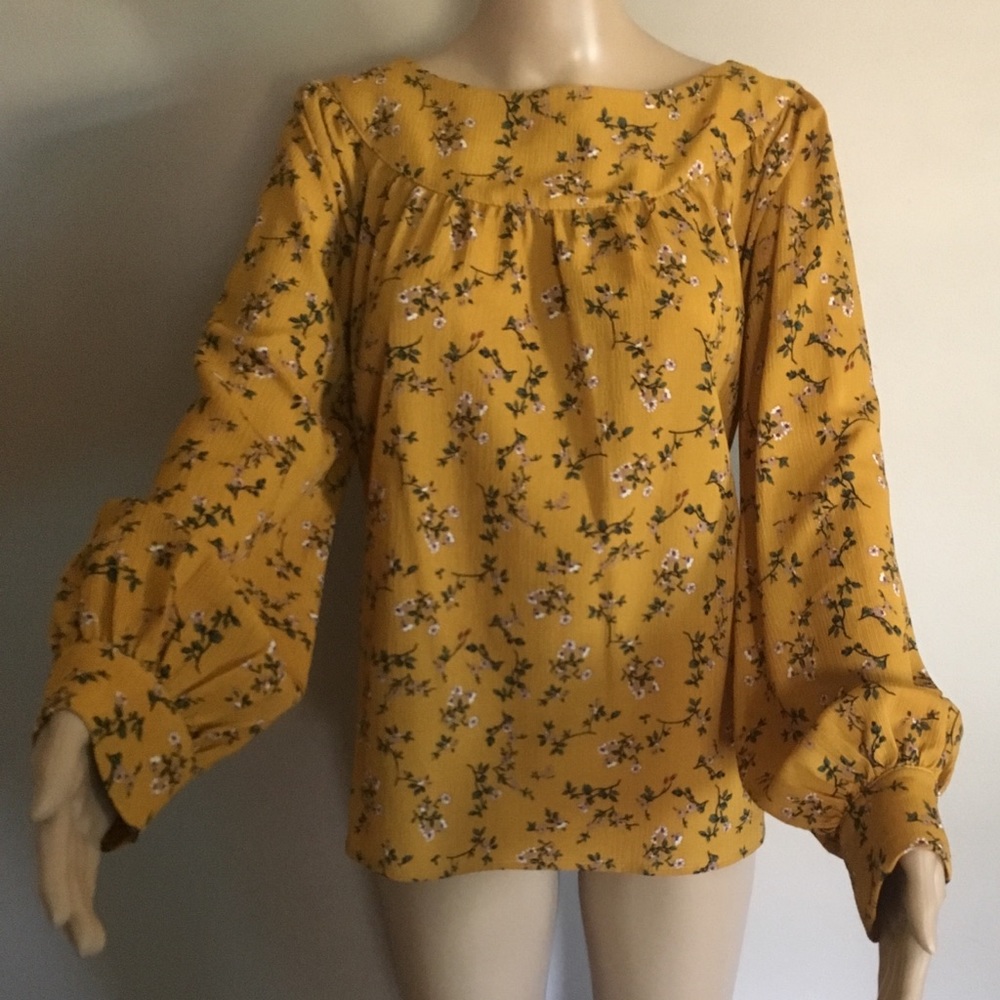 Anthropologie mustard yellow floral blouse, size M